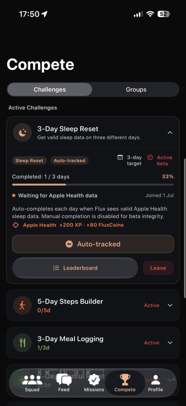 Flux beta Compete screen showing shared health challenges