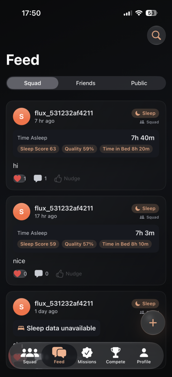 Flux beta Feed screen showing health updates from friends