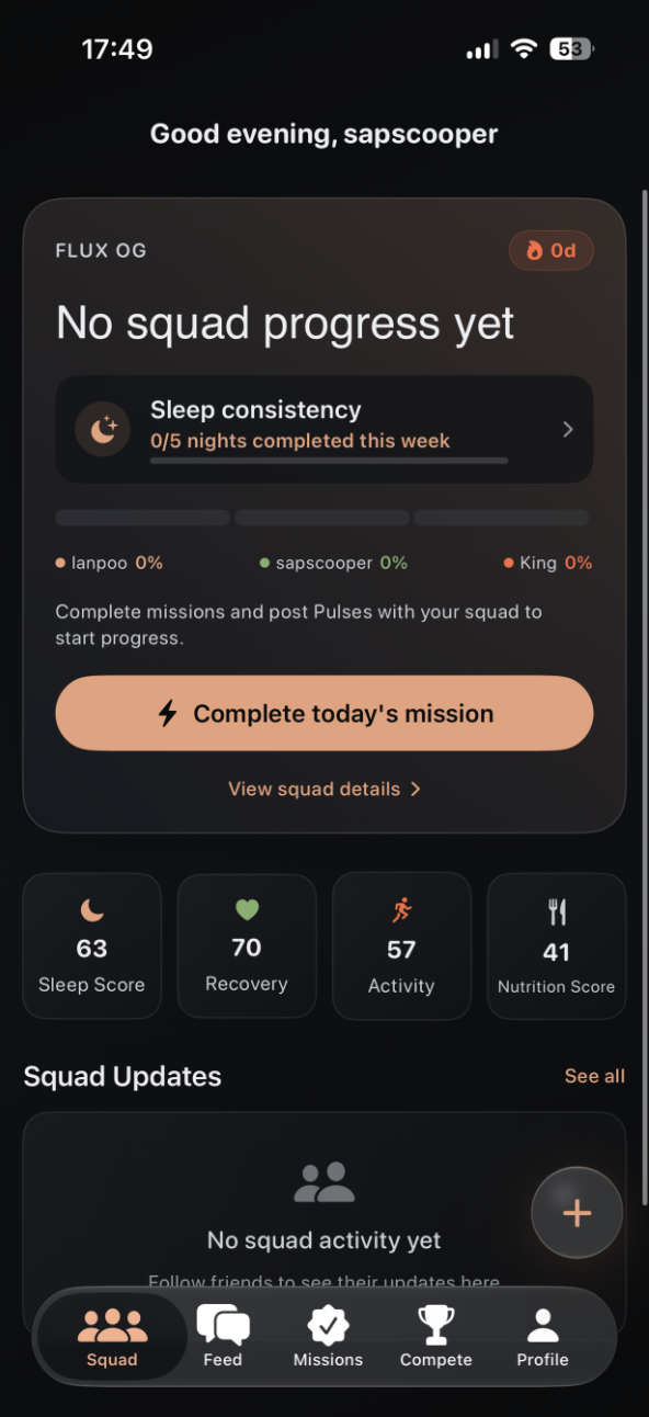 Flux beta Squad screen showing squad progress, health scores and updates